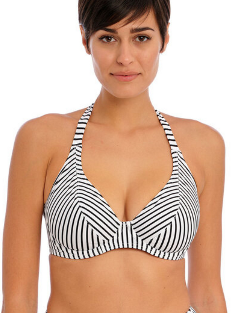 Freya Jewel Cove Underwire Banded Halter Bikini Top, Black Stripe | Black Stripe Plunge Bikini Top | Plunge Bikini Tops