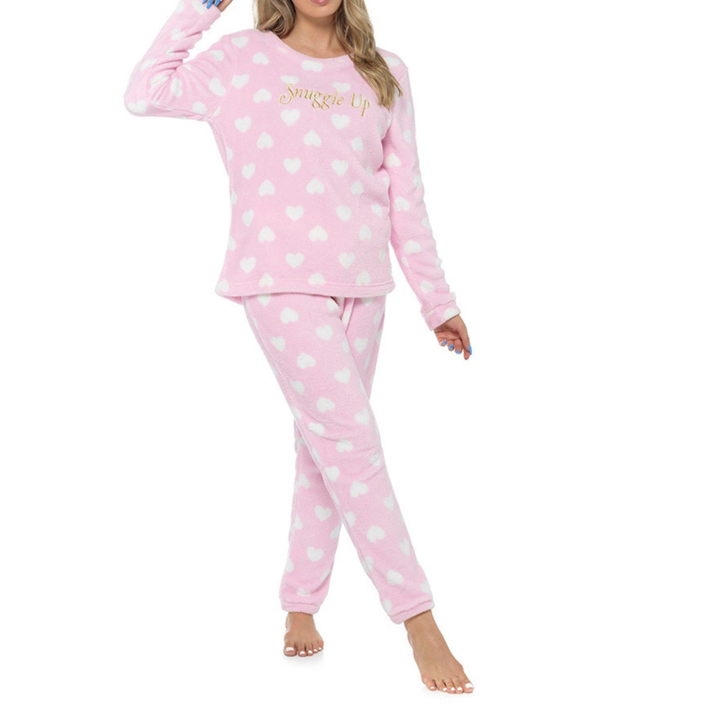 Womens Fleece Heart Print Pyjama Set Pink