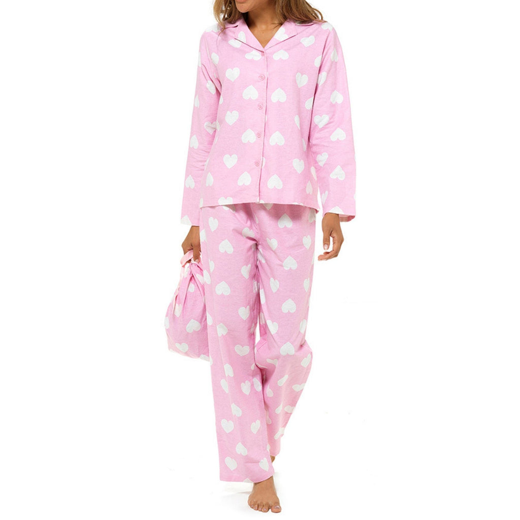 Womens Cotton Heart Print Pyjama Set With Gift Bag Pink