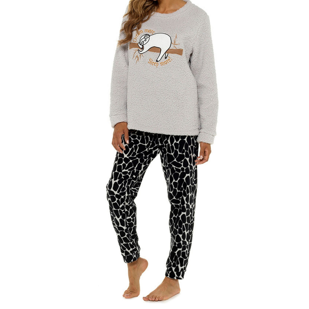 Womens Fleece Sloth Print Pyjama Set Grey Print